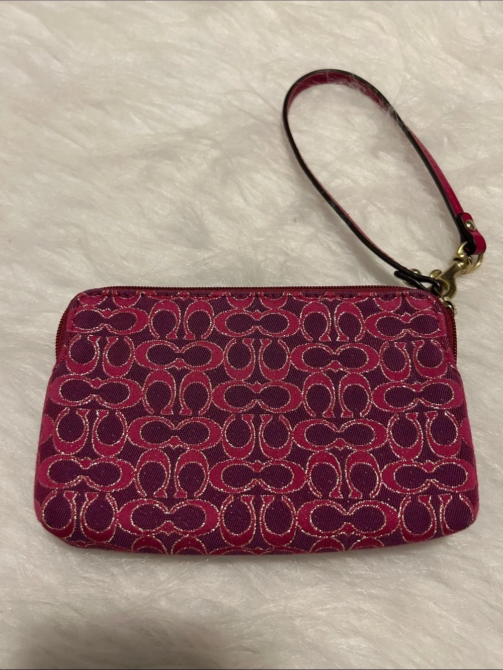Coach Pink Signature Wristlet with Leather Trim